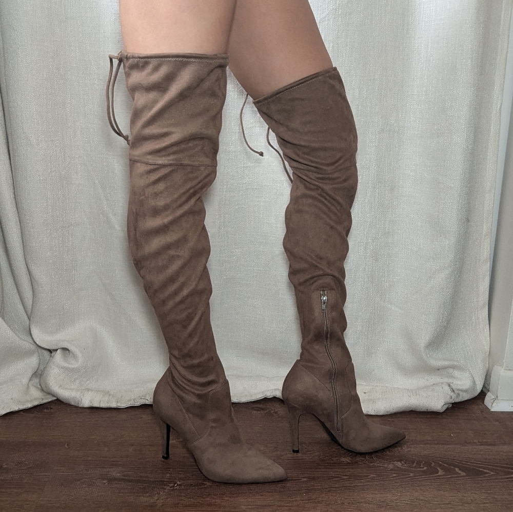 Suede Thigh High Brown Stiletto Boot With Adjustable Thigh Strap